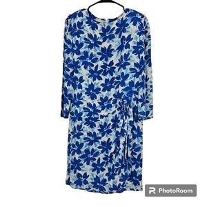Adele Simpson Shift Dress Blue Silk Floral Faux Wrap Skirt Midi Back Zip Size XS